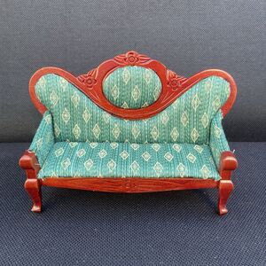 Vintage Dollhouse Sofa – Real Wood Frame, Upholstered Victorian-Style Couch
